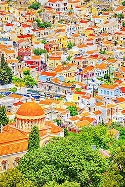 Chorio (upper town), high angle view, Chorio, Symi Island, Dodecanese Islands, Greece