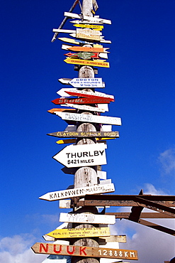 All world directions sign post, Stanley, East Falkland, Falkland Islands, South Atlantic, South America