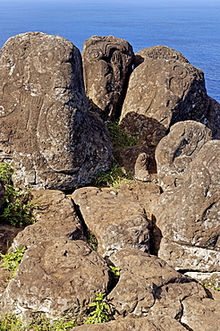 Petroglyphs with birdman images beside lake in crater, Orongo, Easter Island, Chile, South America