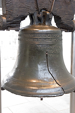 The Liberty Bell rung in July 1776 from the tower of Independence Hall on the occasion of the first public reading of the Declaration of Independence, Philadelphia, Pennsylvania, United States of America, North America