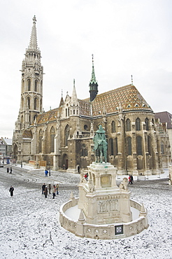 Snow on St. Stephen's statue, Castle Hill area, Budapest, Hungary, Europe