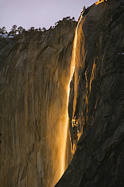 Afternoon light on Horsetail Falls, a phenomenon that occurs once or twice a year in late February due to the angle of the sun and snow melt on the cliffs, Yosemite Valley, Yosemite National Park, UNESCO World Heritage Site, California, United States of America, North America