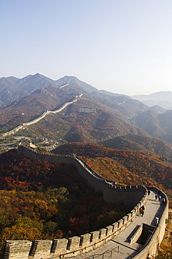 Autumn colours and a watch tower on The Great Wall of China, UNESCO World Heritage Site, Badaling, China, Asia