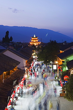 Night view of main street and watch tower, Dali Old Town, Dali, Yunnan Province, China, Asia