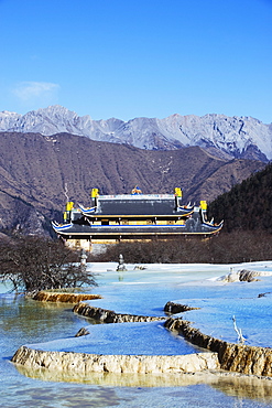 Colourful pools of calcite deposits formed at Huanglong temple, Huanglong National Park, UNESCO World Heritage Site, Sichuan Province, China, Asia