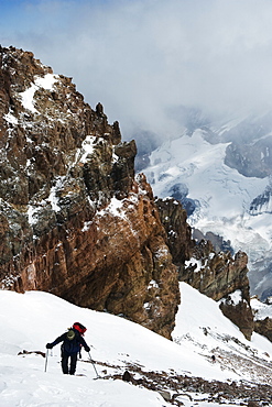 Climber nearing the summit of Aconcagua 6962m, highest peak in South America, Aconcagua Provincial Park, Andes mountains, Argentina, South America