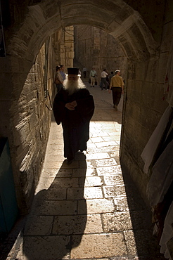 Silhouette of Orthodox priest, Old Walled City, Jerusalem, Israel, Middle East