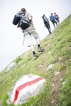 Hikers on trail, Ovronnaz, Martigny, Valais, Swiss Alps, Switzerland, Europe