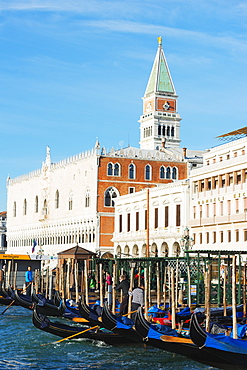 Gondolas and Campanile di San Marco in Venice lagoon, Venice, UNESCO World Heritage Site, Veneto, Italy, Europe