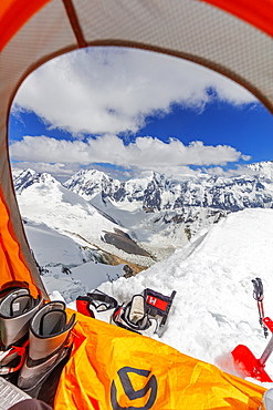 Tent at Camp 4 at 6100m on Peak Korzhenevskaya, 7105m, at sunset, Tajik National Park (Mountains of the Pamirs), UNESCO World Heritage Site, Tajikistan, Central Asia, Asia