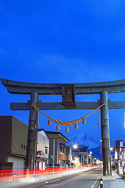 Mount Fuji, 3776m, UNESCO World Heritage Site, framed in a torii gate, Yamanashi Prefecture, Honshu, Japan, Asia