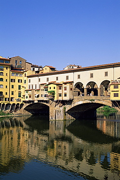 Ponte Vecchio reflected in the water of the Arno River, Florence, UNESCO World Heritage site, Tuscany, Italy, Europe