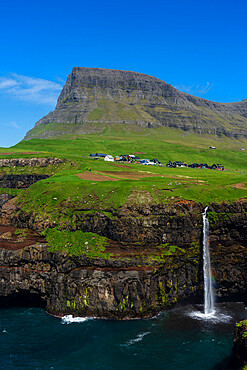 Mulafossur waterfall, Gasaldur, Vagar Island, Faroe Islands, Denmark, Europe