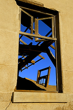 Detail of a ruined building in diamond mining ghost town, Kolmanskop, Namib Desert, Luderitz, Namibia, Africa