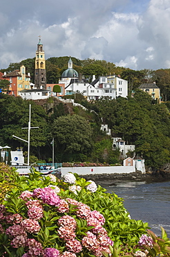 Clock Tower, from the quayside, Portmeirion, Gwynedd, Wales. United Kingdom, Europe