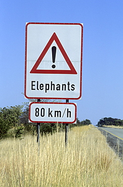 Sign, Elephants crossing the road, Caprivi, Namibia, Africa