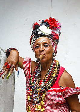 Woman smoking cigar, old Havana, Cuba, West Indies, Caribbean, Central America