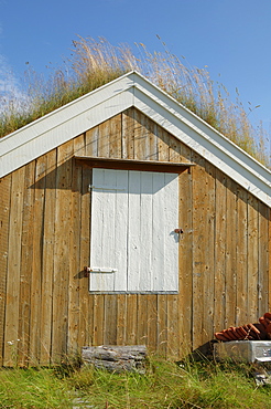 Turf roofed wooden hut, Kvaloya island, west of Tromso, Norway, Scandinavia, Europe