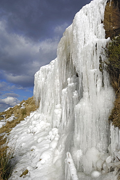 Frozen waterfall, Bilsdale in winter, North York Moors National Park, North Yorkshire, England, United Kingdom, Europe