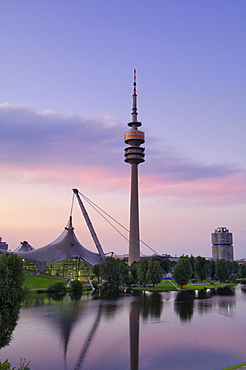 Olympiapark and Olympiaturm (TV tower) at dusk, Munich (Munchen), Bavaria, Germany, Europe