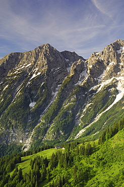 View of the Hoher Goll mountain range from the Rossfeld Panoramastrasse (Rossfeldhoehenringstrasse or Panoramic Highway), Berchtesgaden, Bavaria, Germany, Europe