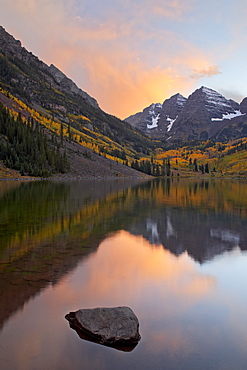 Maroon Bells with fall colors during a clearing storm in the evening, White River National Forest, Colorado, United States of America, North America