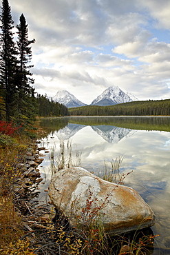 Mountains reflected in Leech Lake, Jasper National Park, UNESCO World Heritage Site, Alberta, Rocky Mountains, Canada, North America