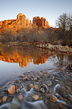 Cathedral Rock reflected in Oak Creek, Crescent Moon Picnic Area, Coconino National Forest, Arizona, United States of America, North America