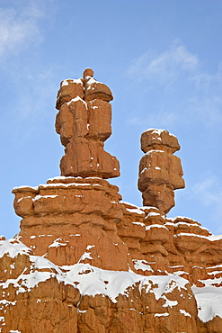 Red rock pillars with fresh snow, Red Canyon, Dixie National Forest, Utah, United States of America, North America