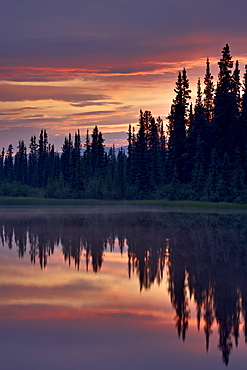 Sunset at an unnamed lake near Salmo Lake, Alaska Highway, Yukon Territory, Canada, North America