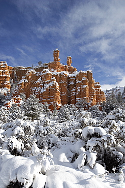 Snow-covered red rock formations, Dixie National Forest, Utah, United States of America, North America