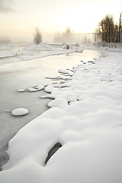 Gros Ventre River with snow, ice, and fog, Grand Teton National Park, Wyoming, United States of America, North America