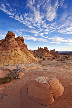 Sandstone formations with clouds, Coyote Buttes Wilderness, Vermilion Cliffs National Monument, Arizona, United States of America, North America