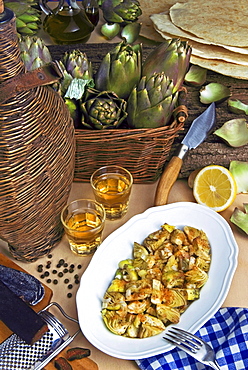 Artichokes and bottarga (botargo) (cured fish roe), a Mediterranean delicacy from Sardinian cooking, Sardinia, Italy, Europe