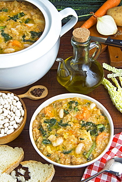 Ribollita soup (Florentine soup) made of ribollita with beans, cabbage, carrot, onion, bread, potato and olive oil, Florence (Firenze), Tuscany, Italy, Europe