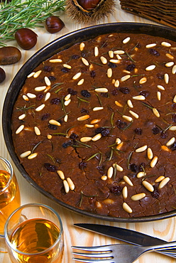 Castagnaccio, pie of chestnut flour with raisins, rosemary and pine nuts, Tuscany, Italy, Europe