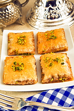 Baklava, sweet pastry made of layers of filo pastry filled with chopped nuts and sweetened with syrup or honey, Arabic gastronomy, Middle East