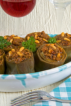 Artichokes stuffed with ground meat, spices, herbs and pine nuts, Arabic Cuisine, Lebanon, Middle East