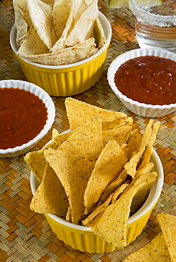 Nachos (Totopos) (tortilla chips) with chili sauce, Mexican food, Mexico, North America