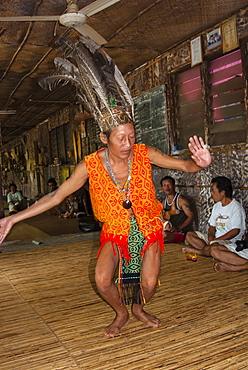 Iban man dancing, Mengkak Iban Longhouse, Batang Ai National Park, Sarawak, Malaysian Borneo, Malaysia, Southeast Asia, Asia