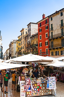 Market at Piazza delle Erbe, Verona, UNESCO World Heritage Site, Veneto, Italy, Europe