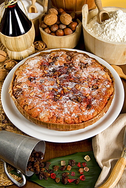 Torta Briaca (Drunk Cake), cake made with wine, dried and candied fruits, Elba, Tuscany, Italy, Europe