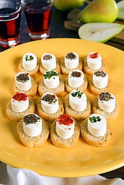 Italian starters with cheese and pot herbs, Italy, Europe