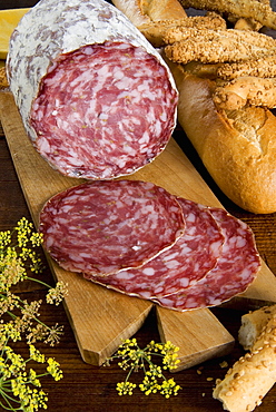 Finocchiona, Tuscan salame with fennel seeds, Italy, Europe