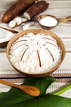 Brazilian cuscus de tapioca (sweet cous cous with coconut slices), Brazil, South America