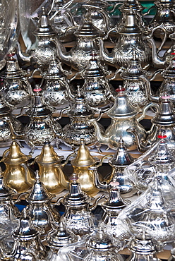 Teapots for sale in the souk, Medina, Marrakech (Marrakesh), Morocco, North Africa, Africa