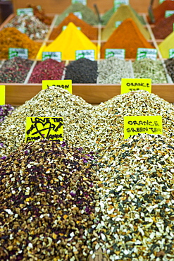 Tea and spices for sale in Spice Bazaar, Istanbul, Turkey, Western Asia