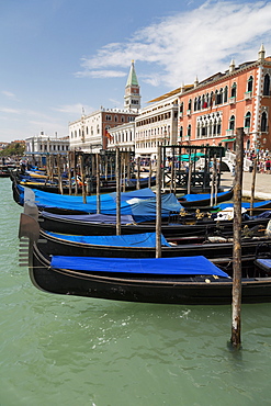 Gondolas moored in St. Mark's Basin, Venice, UNESCO World Heritage Site, Veneto, Italy, Europe