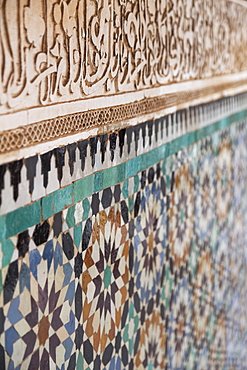 Traditional Moroccan Zallij tile work in the Ben Youssef Medersa, UNESCO World Heritage Site, Marrakech, Morocco, North Africa, Africa 