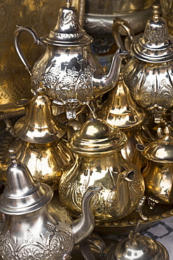 Traditional Moroccan teapots for sale in the souks, Marrakech, Morocco, North Africa, Africa 